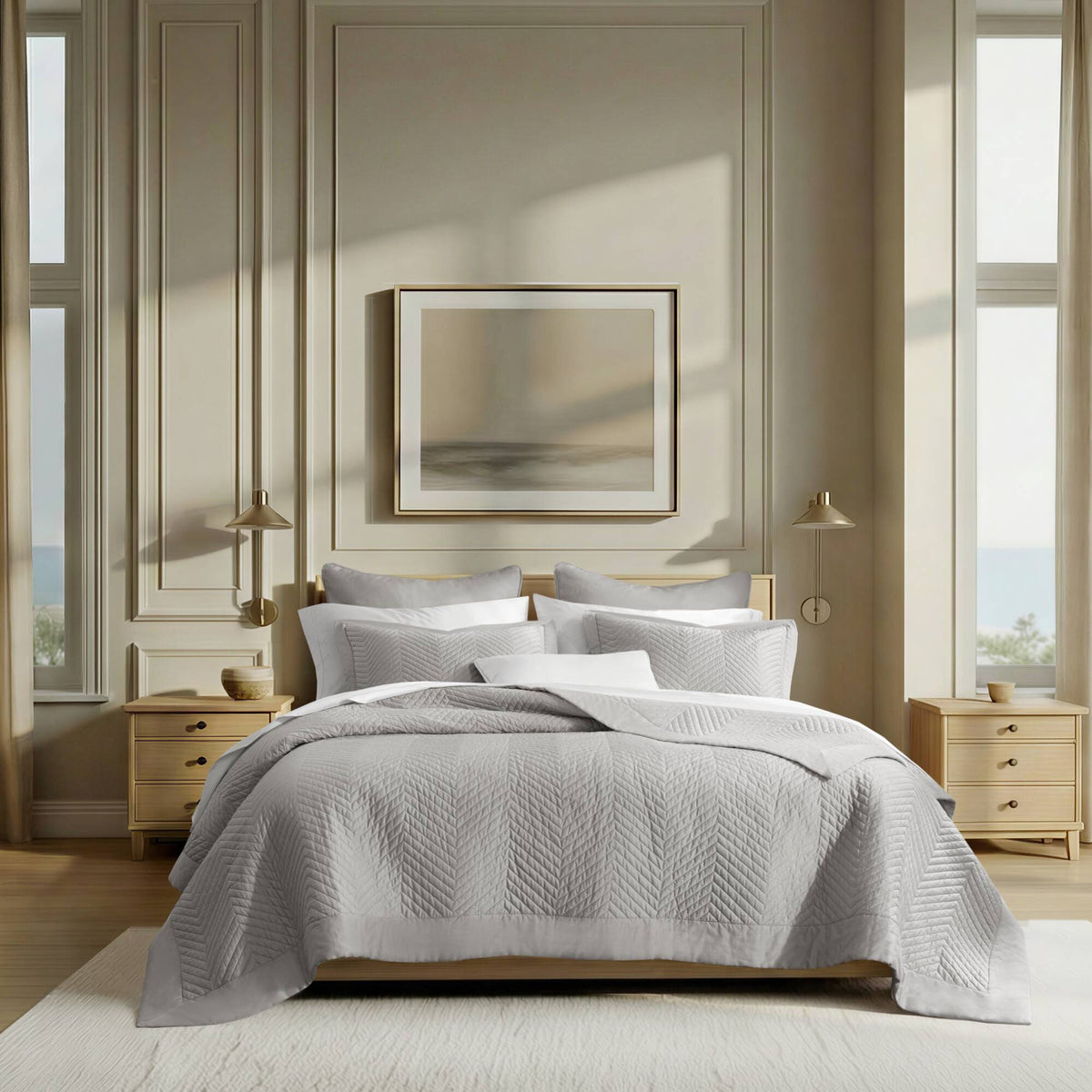 Liam Hotel 3 Piece Cotton Quilt Set - Light Gray