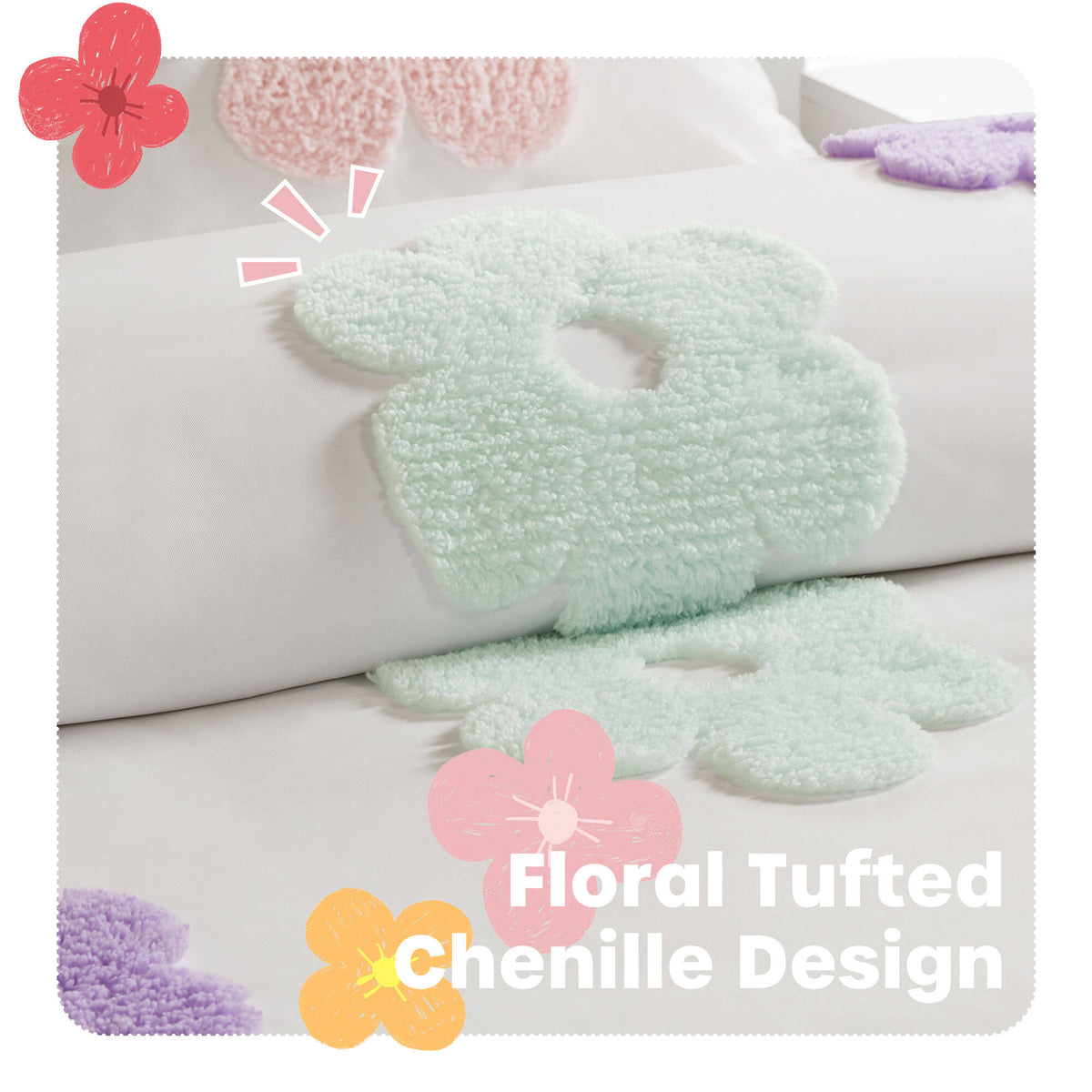 Gracie Floral Reversible Tufted Chenille Comforter Set with Flower Throw Pillow - White/Purple