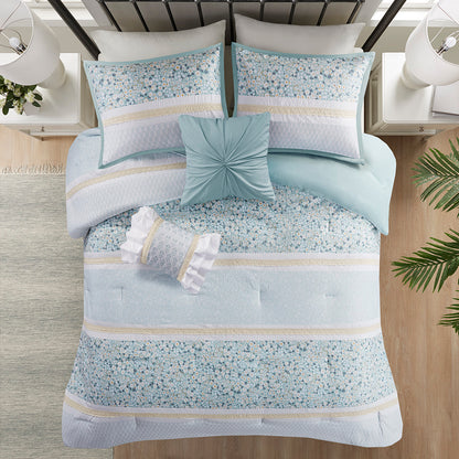 Caralie 5 Piece Seersucker Comforter Set with Throw Pillows - Aqua