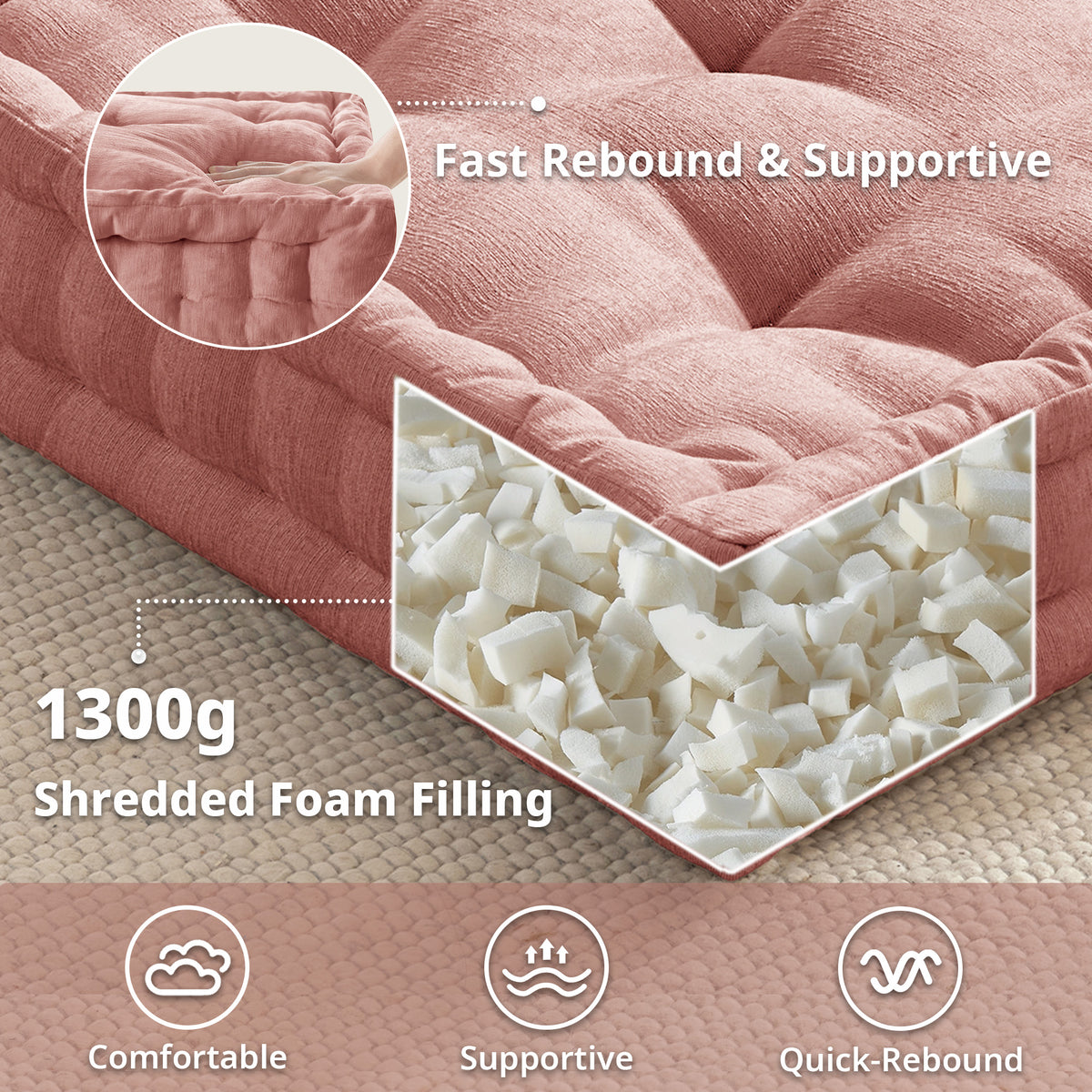 Azza Poly Chenille Square Floor Pillow Cushion - Dusty Peach