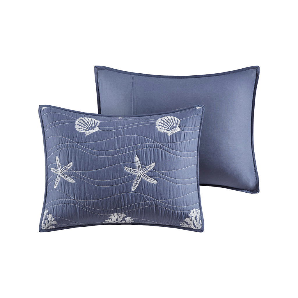 Seaside 4 Piece Cotton Reversible Embroidered Quilt Set with Throw Pillow - Navy