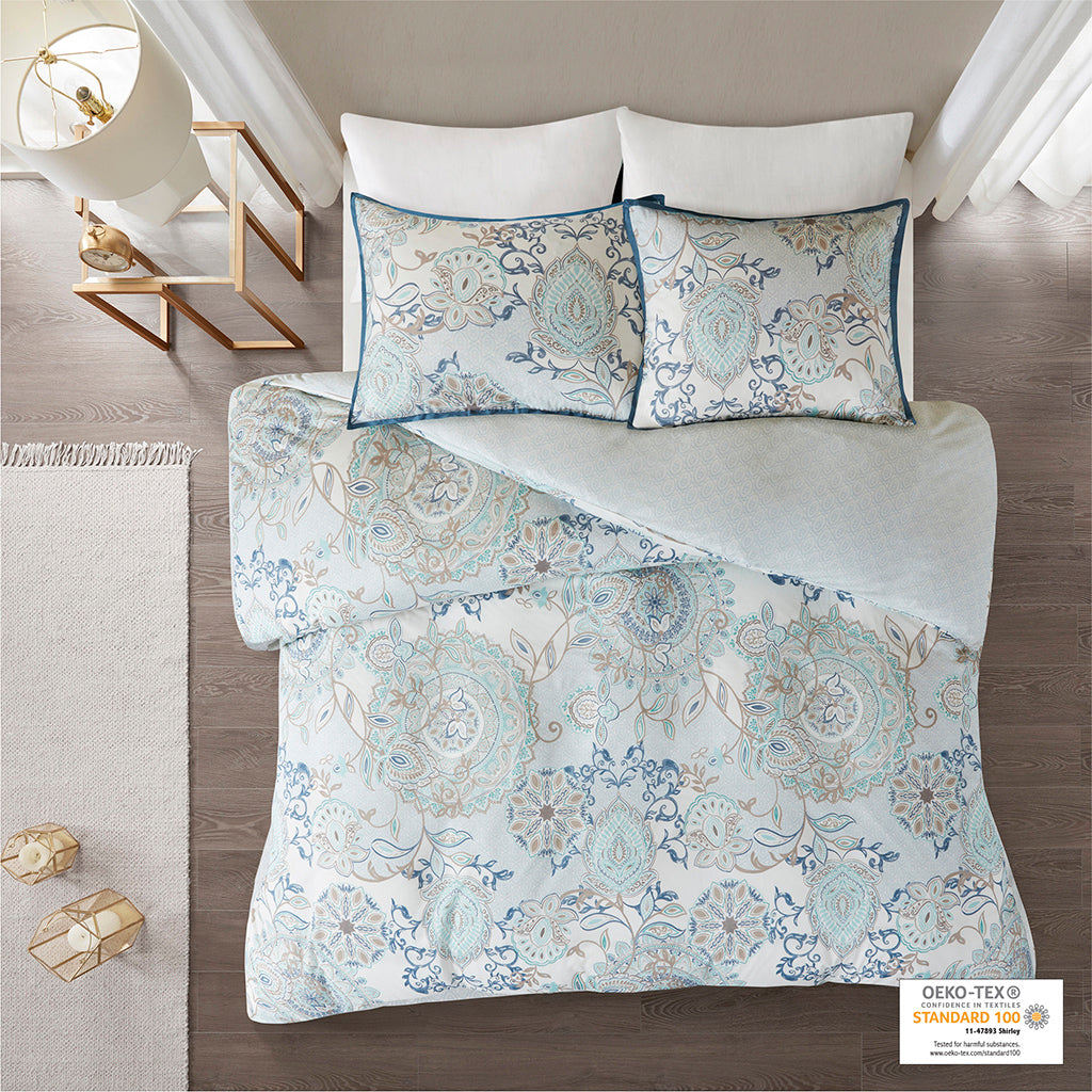 Isla 3 Piece Cotton Floral Printed Reversible Duvet Cover Set - Blue