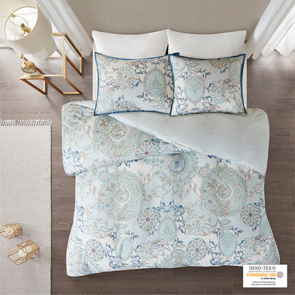 Isla 3 Piece Cotton Floral Printed Reversible Duvet Cover Set - Blue