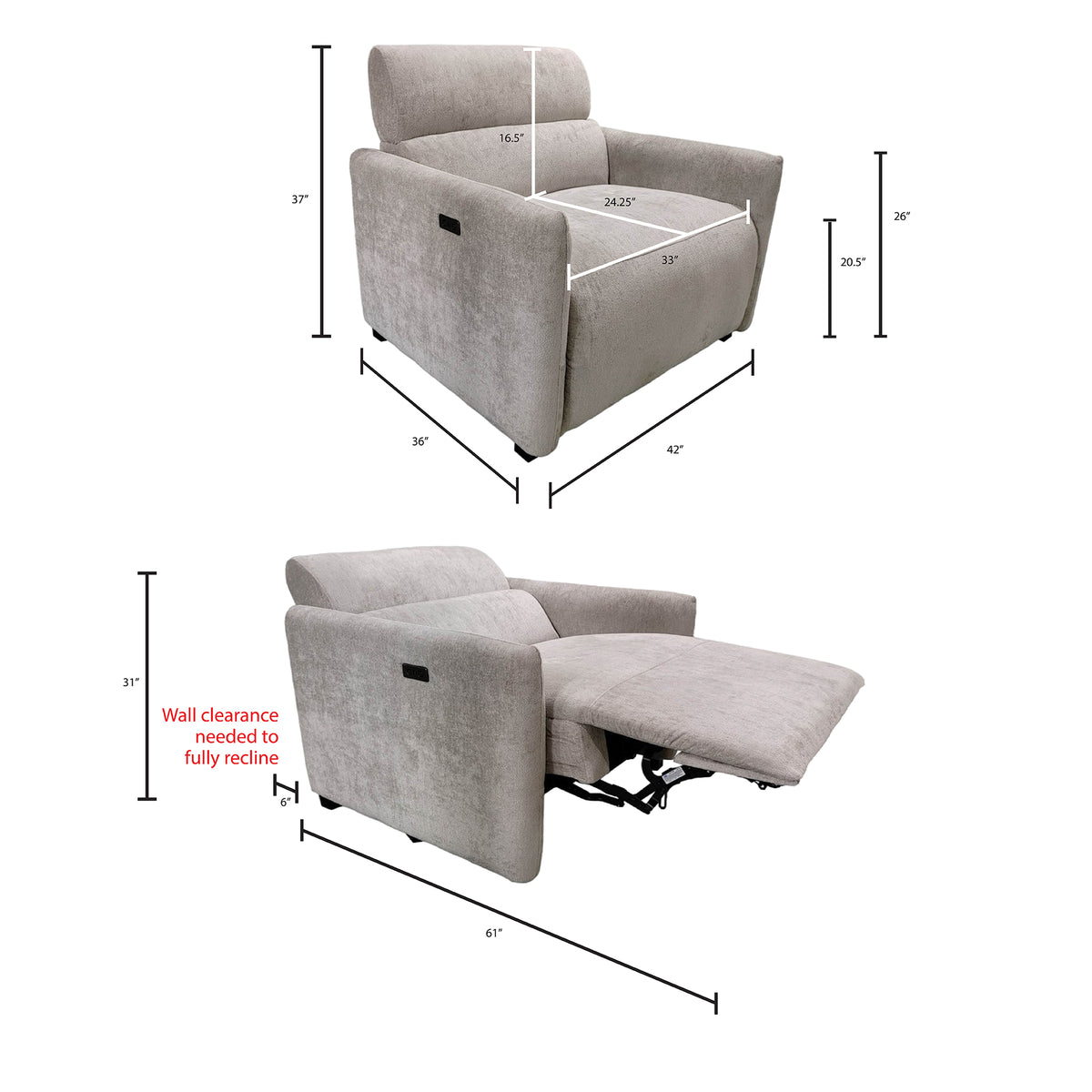 Ava Power Modern Recliner - Light Grey