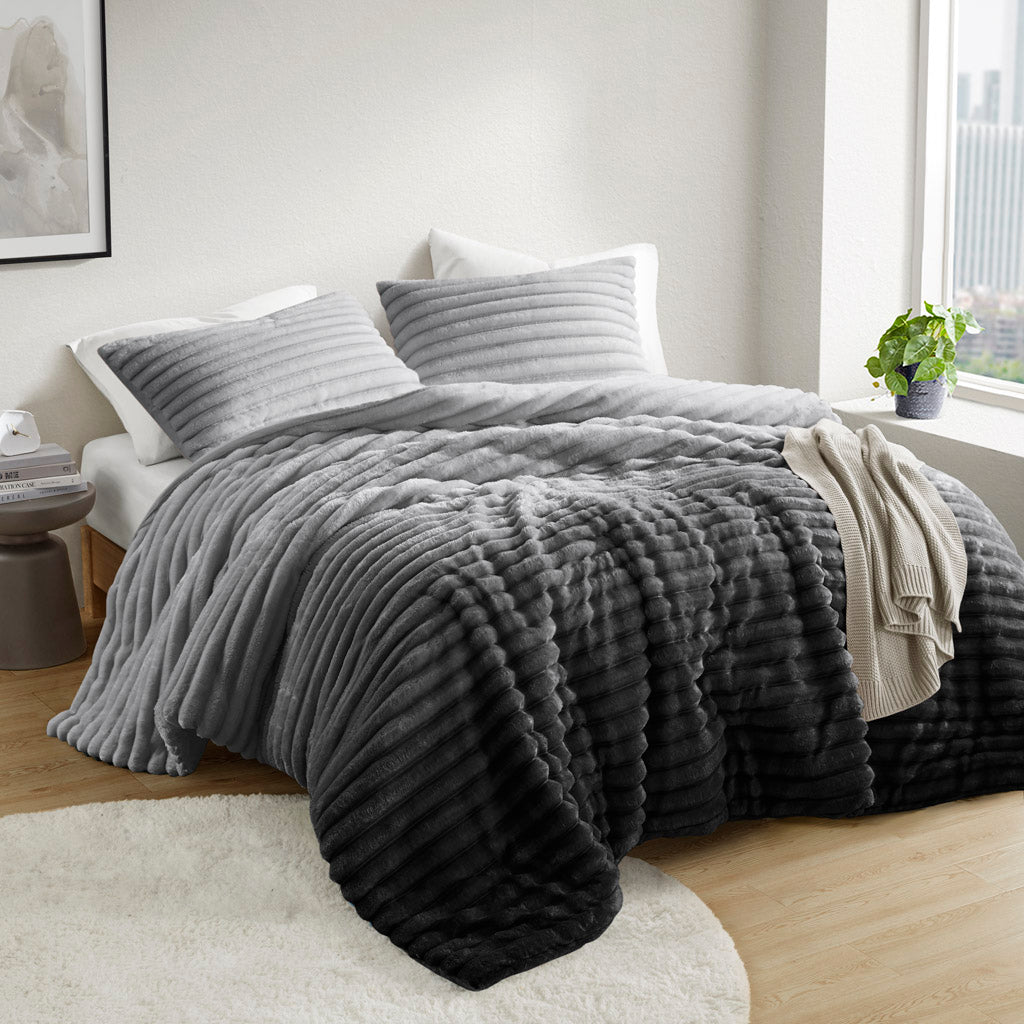 Avril Fluffy Ribbed Plush Comforter Set - Grey Ombre