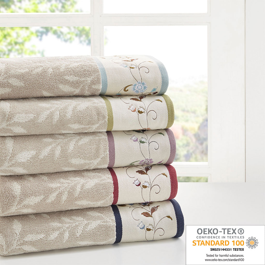 Serene Embroidered Cotton Jacquard 6 Piece Towel Set - Blue