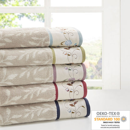 Serene Embroidered Cotton Jacquard 6 Piece Towel Set - Blue