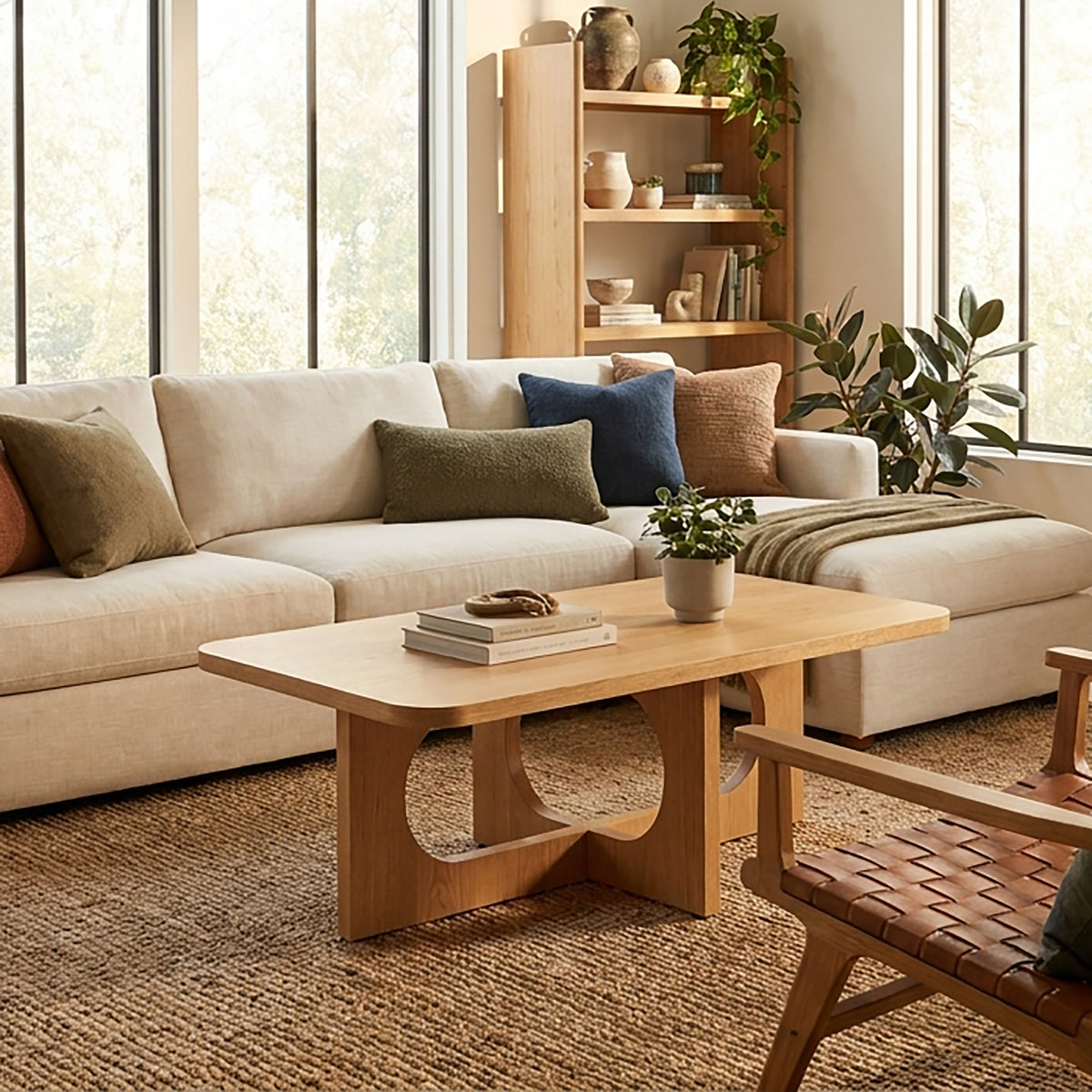 Devon 48" Sculptural Wood Coffee Table with Cutout Base - Natural Oak