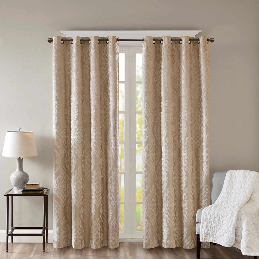 Mirage Knitted Jacquard Damask Total Blackout Grommet Top Curtain Panel - Champagne