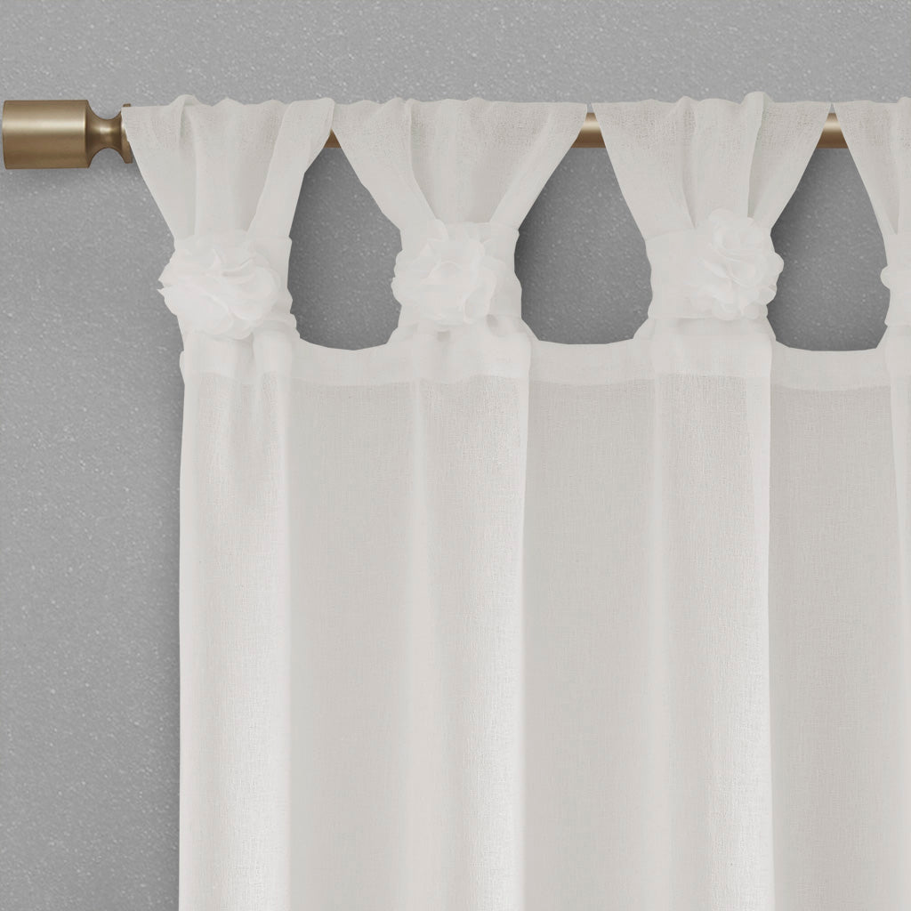 Rosette Floral Embellished Cuff Tab Top Solid Curtain Panel - White