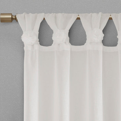 Rosette Floral Embellished Cuff Tab Top Solid Curtain Panel - White