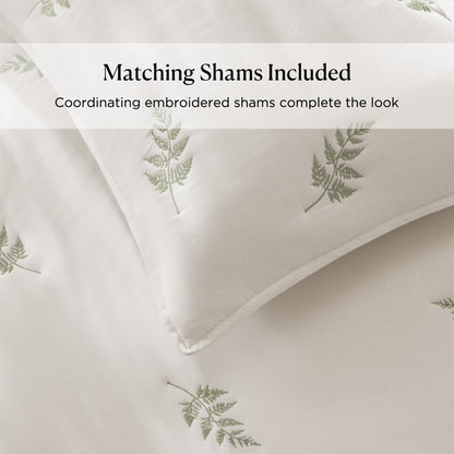 Willow Embroidered Botanical 100% Cotton Lightweight 3 Piece Quilt Set - White/Sage