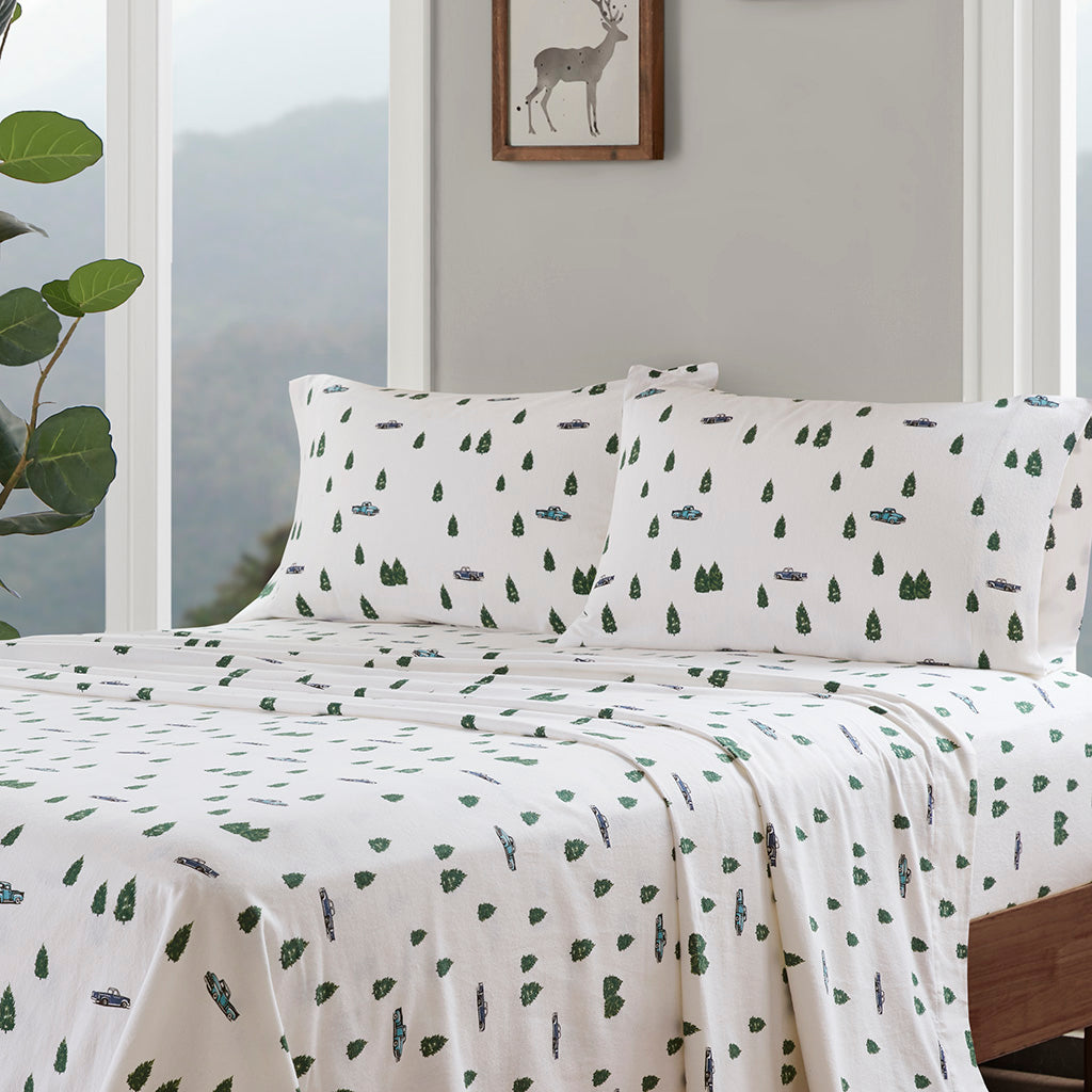 Cotton Flannel Sheet Set - Green Trees & Trucks