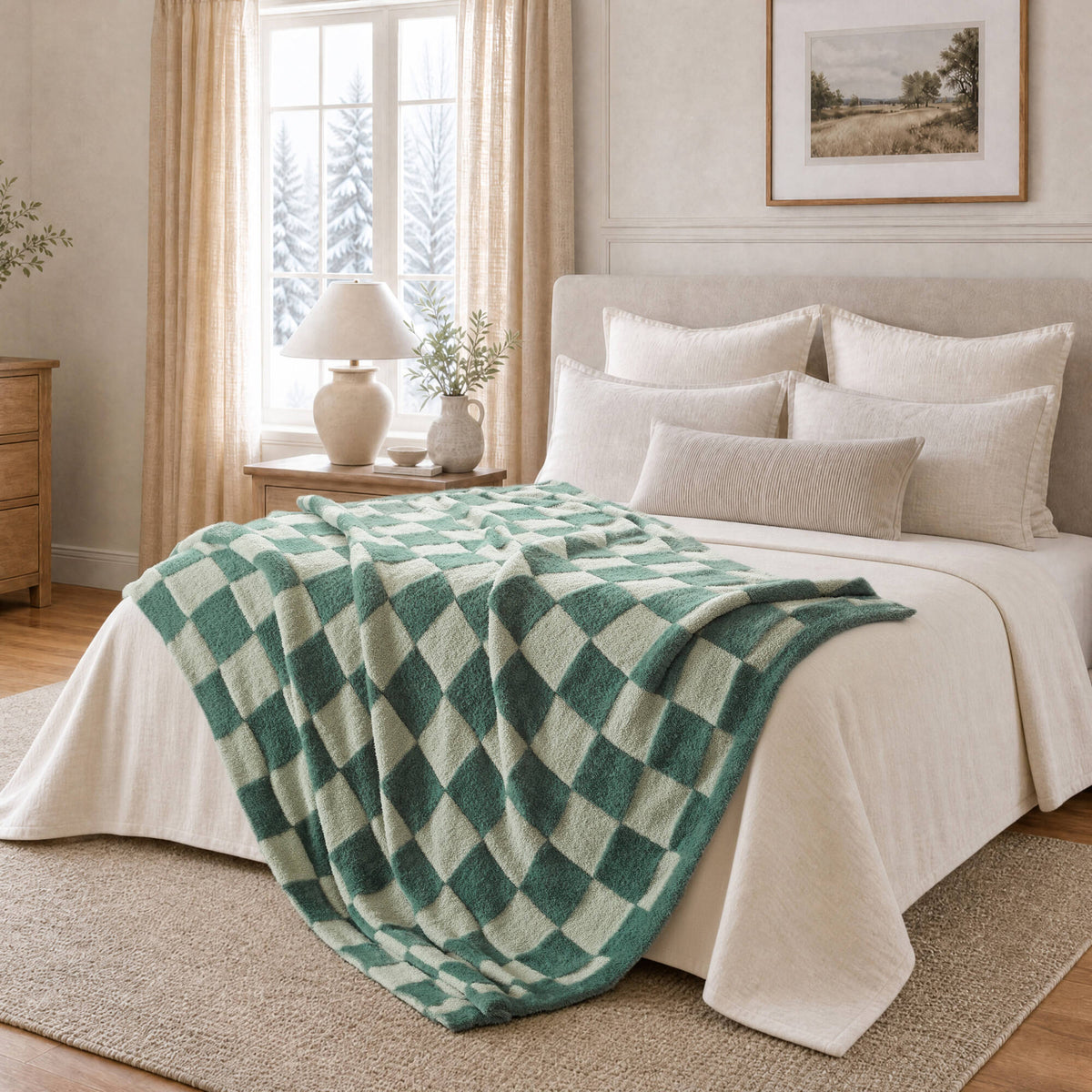 Checkerboard Feathersoft Fur Knit Throw - Green