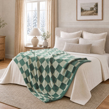 Checkerboard Feathersoft Fur Knit Throw - Green