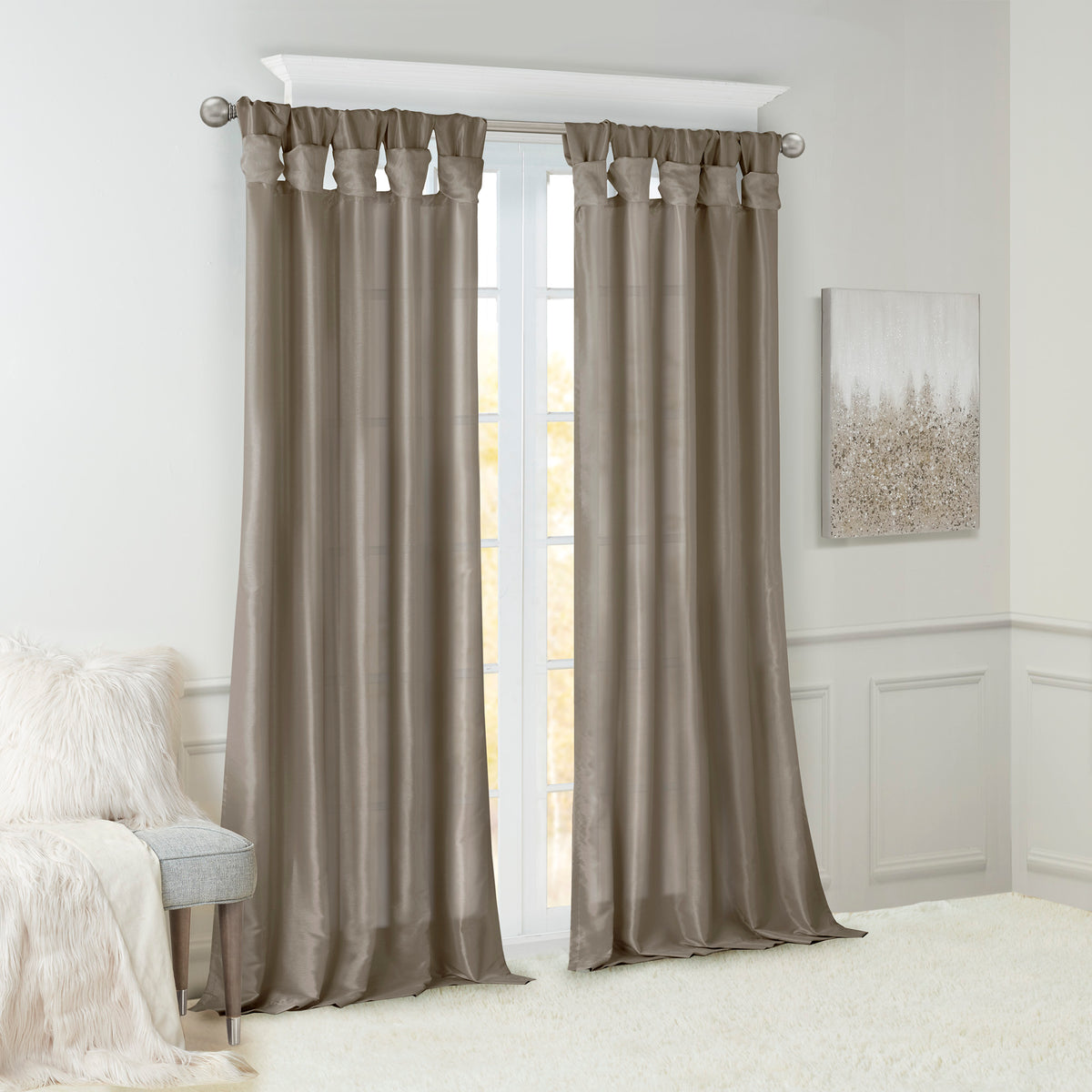 Emilia 100% Polyester Solid Faux Silk Lined Twist Tab Window Curtain - Pewter