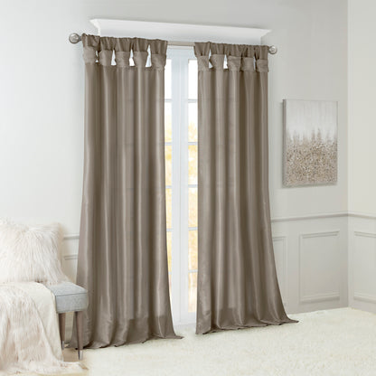Emilia 100% Polyester Solid Faux Silk Lined Twist Tab Window Curtain - Pewter
