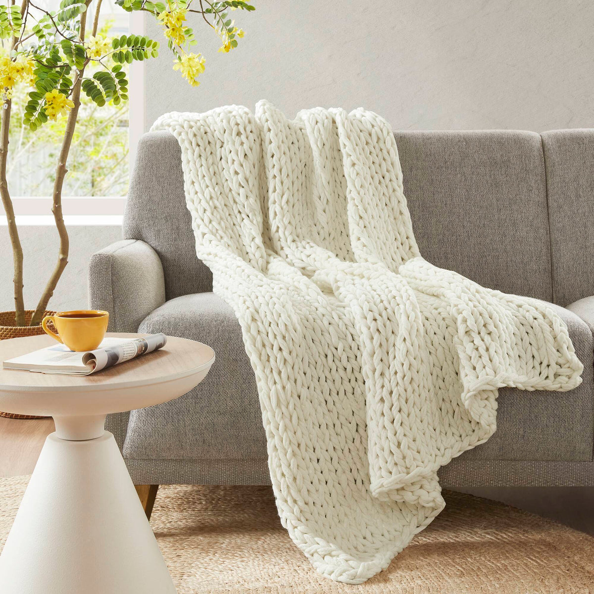 Chunky Double Knit Handmade Throw Blanket - Ivory