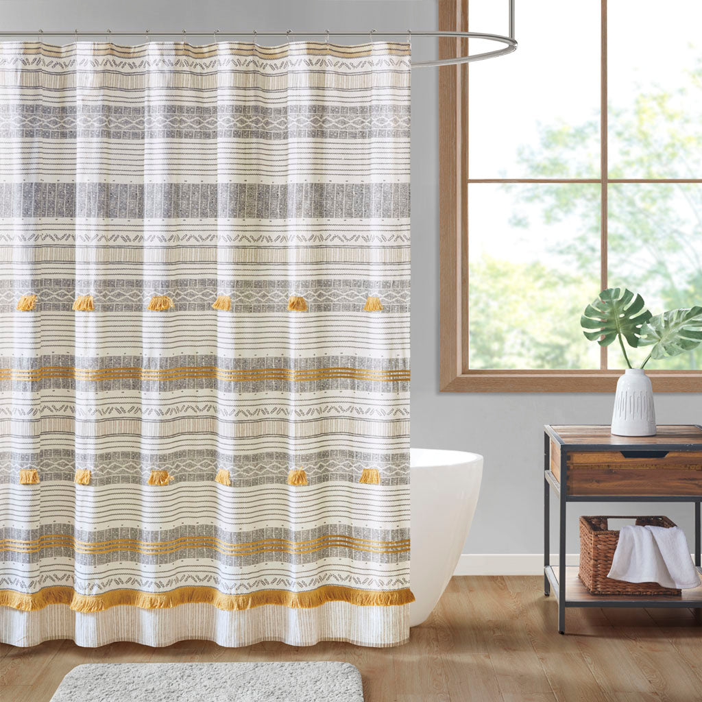 Cody Cotton Stripe Printed Shower Curtain with Tassel - Gray/Yellow