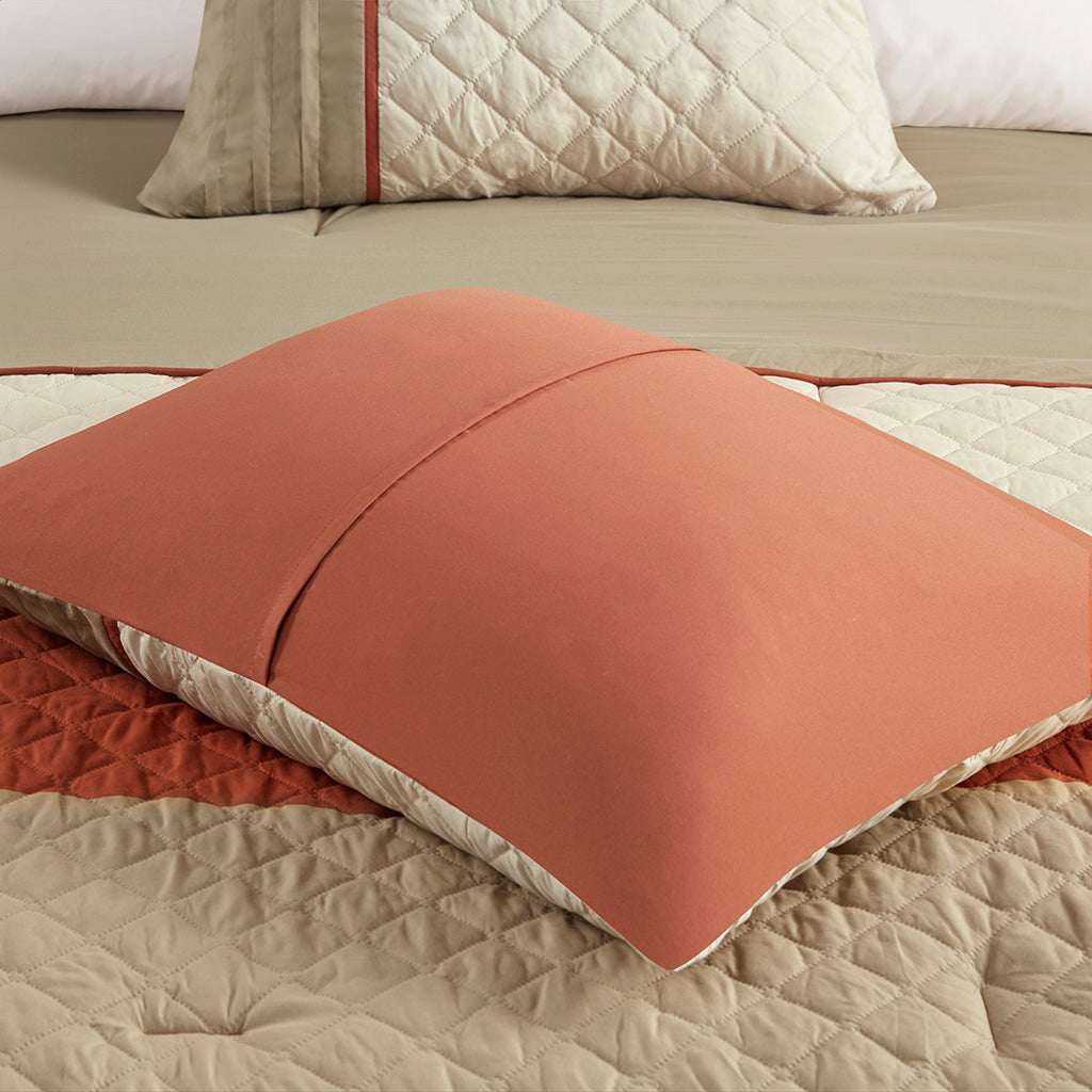 Jenson 7 Piece Color Block Stripe Comforter Set with Throw Pillows - Spice