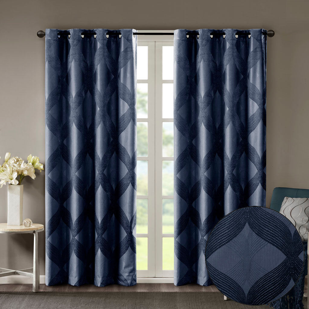 Bentley Ogee Knitted Jacquard Total Blackout Curtain Panel - Navy