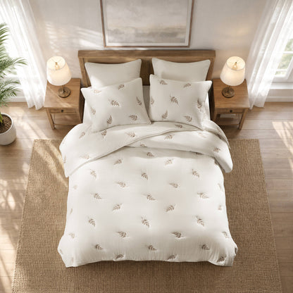 Willow Embroidered Botanical 100% Cotton Lightweight 3 Piece Quilt Set - White/Tan