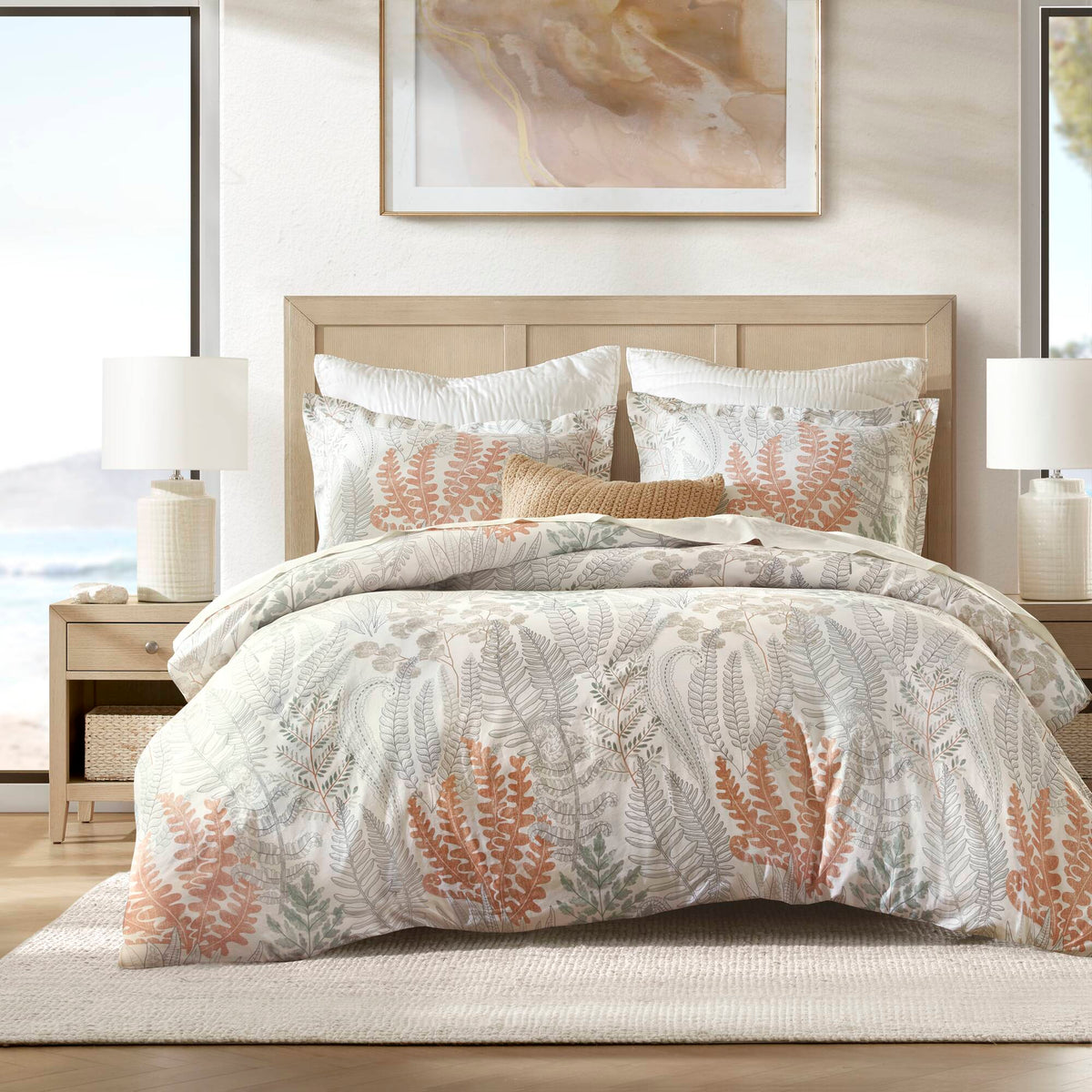 Botanical 100% Cotton Sateen Duvet Cover Set - Terracotta/Linen