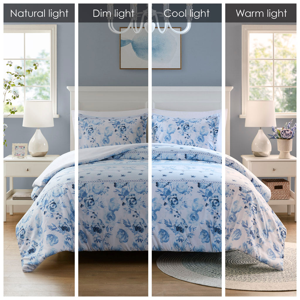 Christa Floral Striped Duvet Cover Set - Blue