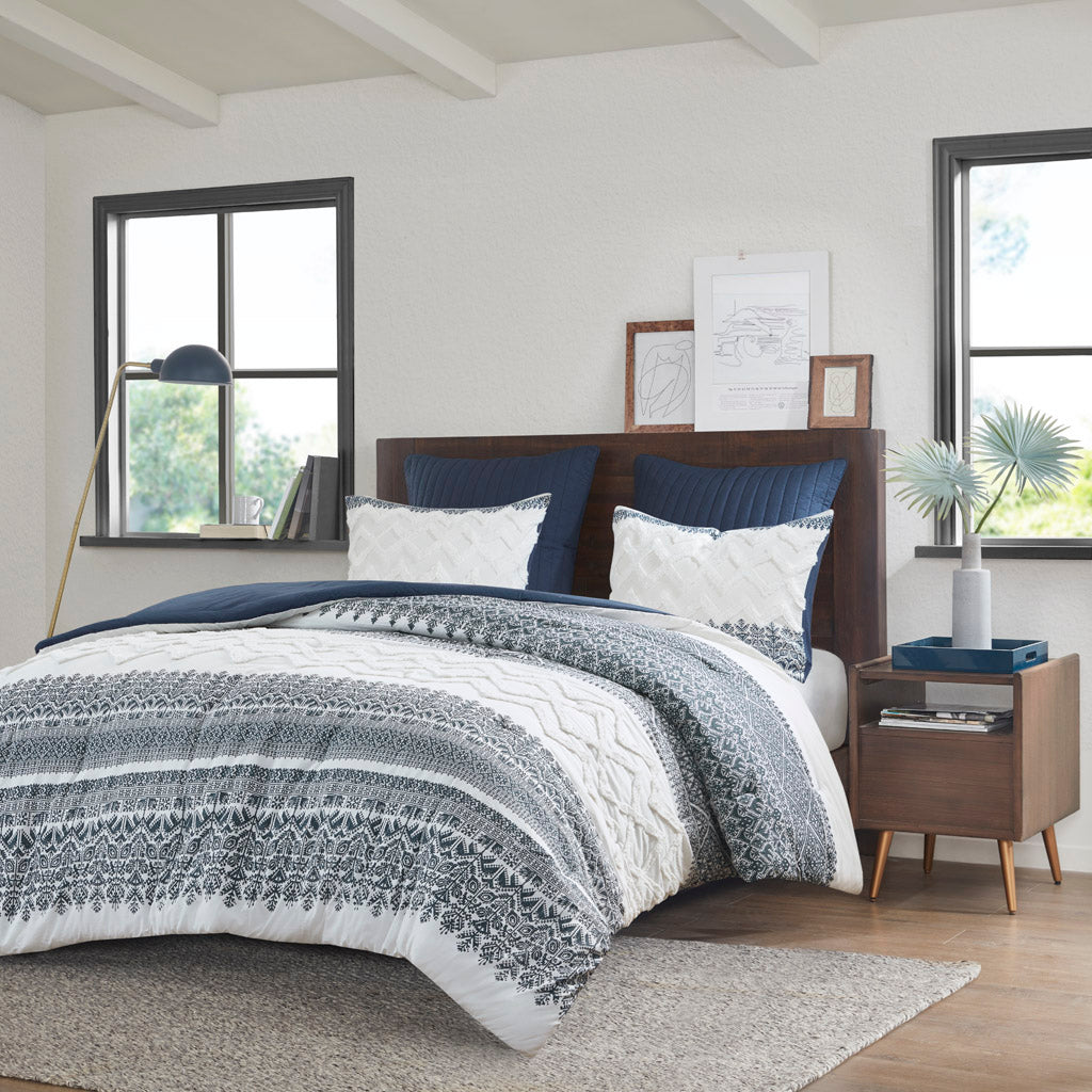 Mila 3 Piece Cotton Comforter Set with Chenille Tufting - Navy