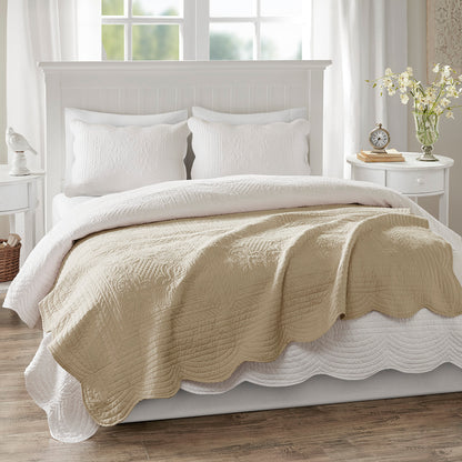 Tuscany Oversized Quilted Throw with Scalloped Edges - Khaki