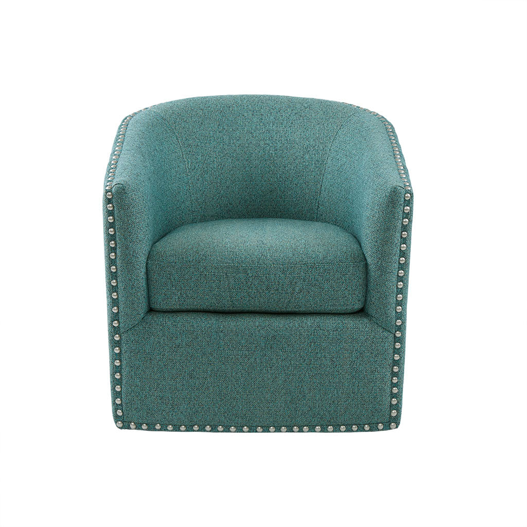 Tyler Upholstered Swivel Barrel Chair with Nailheads - Teal Multi