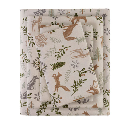 Cozy Cotton Flannel Printed Sheet Set - Tan Woodland Winter