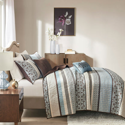 Princeton 5 Piece Jacquard Quilt Set with Throw Pillows - Blue