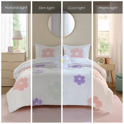 Gracie Floral Reversible Tufted Chenille Comforter Set with Flower Throw Pillow - White/Purple