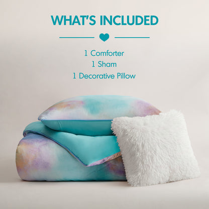 Cassiopeia Watercolor Tie Dye Printed Comforter Set with Throw Pillow - Aqua