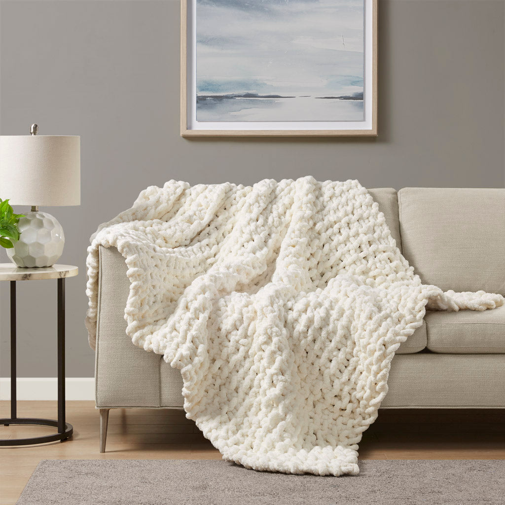 Chenille Chunky Knit Throw - Ivory