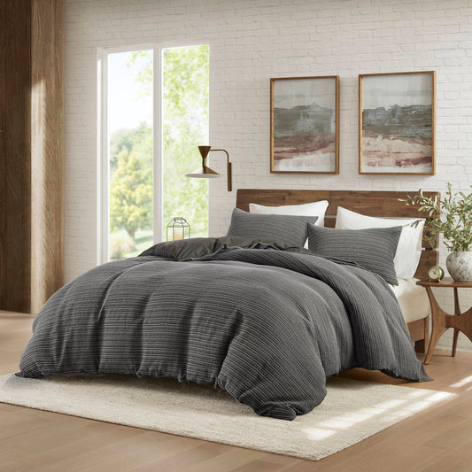 Lyon Waffle Washed Duvet Set - Charcoal
