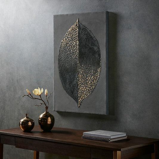 Charcoal Leaf Heavy Textured Canvas with Gold Foil Embellishment
