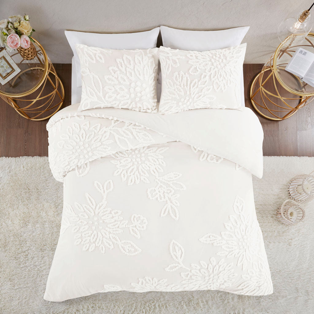 Veronica 3 Piece Tufted Cotton Chenille Floral Duvet Cover Set - Off-White