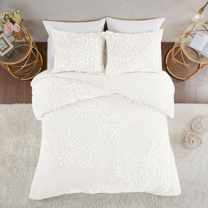 Veronica 3 Piece Tufted Cotton Chenille Floral Duvet Cover Set - Off-White