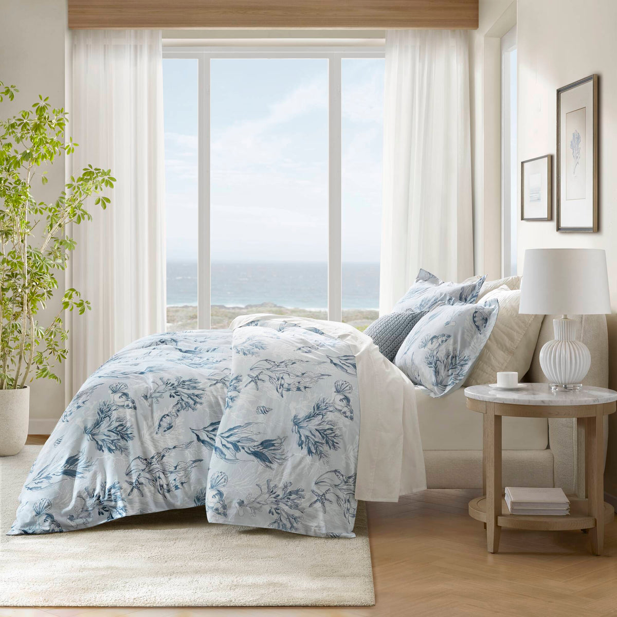 Paros Coral Reef 100% Cotton Sateen Duvet Cover Set - Navy/Blue