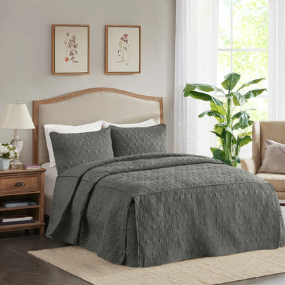 Quebec 3 Piece Split Corner Pleated Quilted Bedspread - Dark Grey