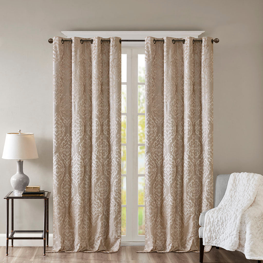 Mirage Knitted Jacquard Damask Total Blackout Grommet Top Curtain Panel - Champagne