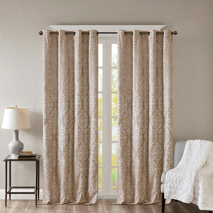 Mirage Knitted Jacquard Damask Total Blackout Grommet Top Curtain Panel - Champagne