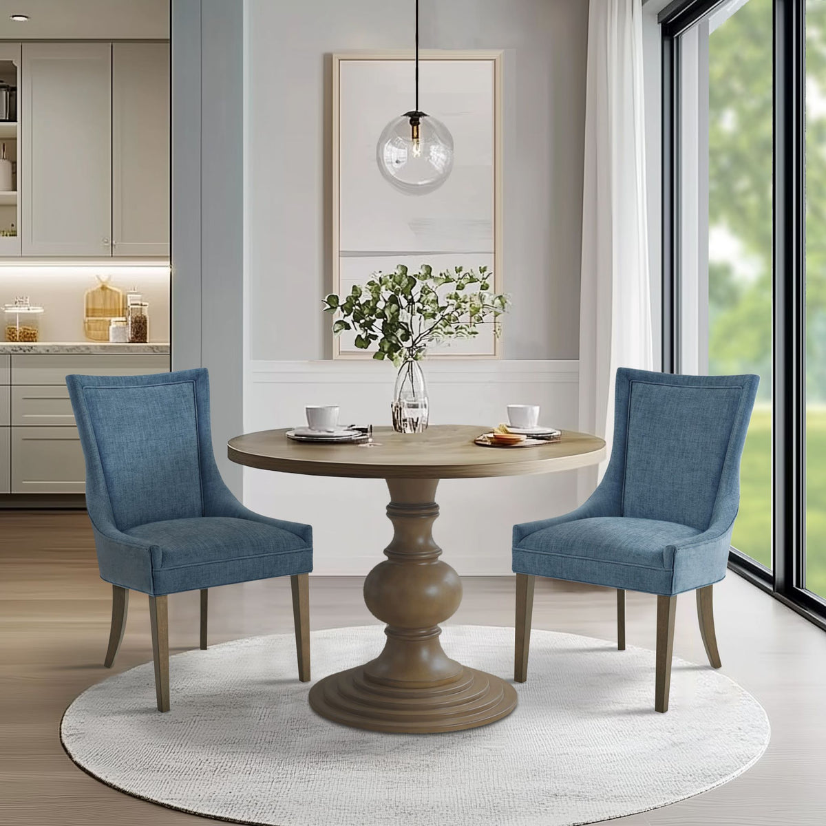 Ultra Upholstered Dining Side Chairs with wood legs (Set of 2) - Blue
