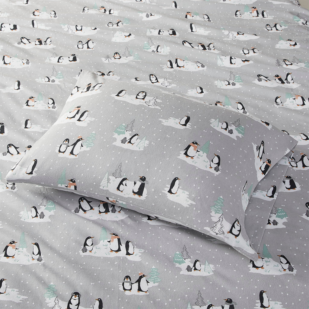 Cozy Cotton Flannel Printed Sheet Set - Grey Penguins
