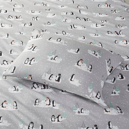 Cozy Cotton Flannel Printed Sheet Set - Grey Penguins