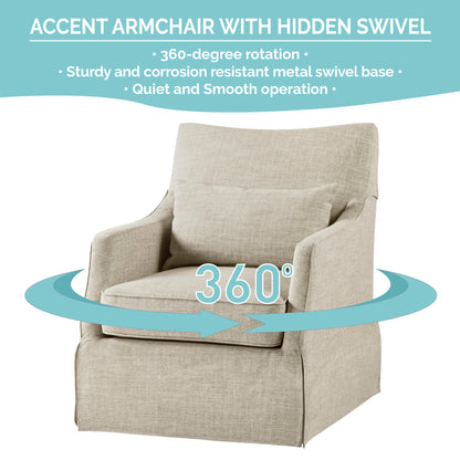 London Upholstered Skirted Swivel Armchair with Lumbar Pillow - Beige Multi