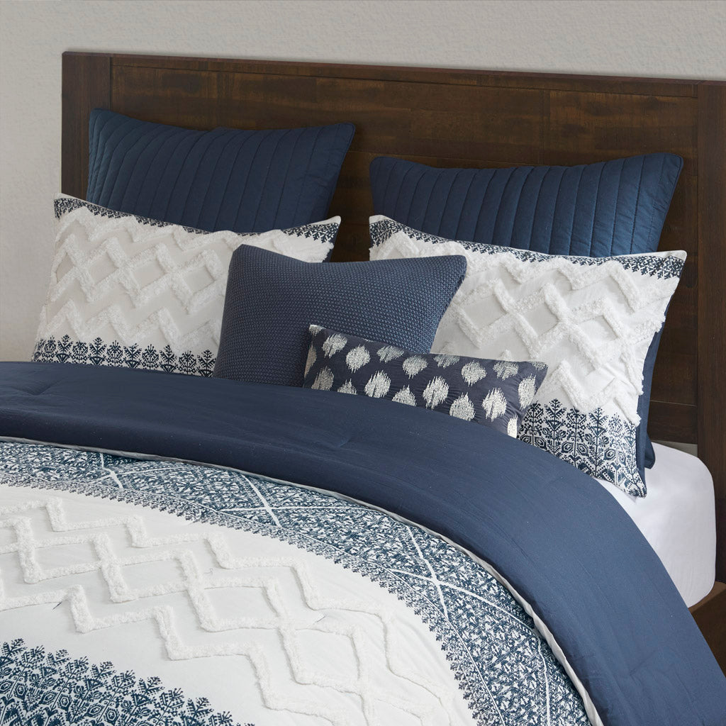 Mila 3 Piece Cotton Comforter Set with Chenille Tufting - Navy