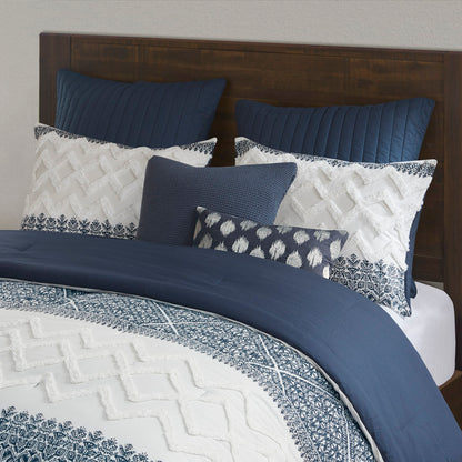 Mila 3 Piece Cotton Comforter Set with Chenille Tufting - Navy